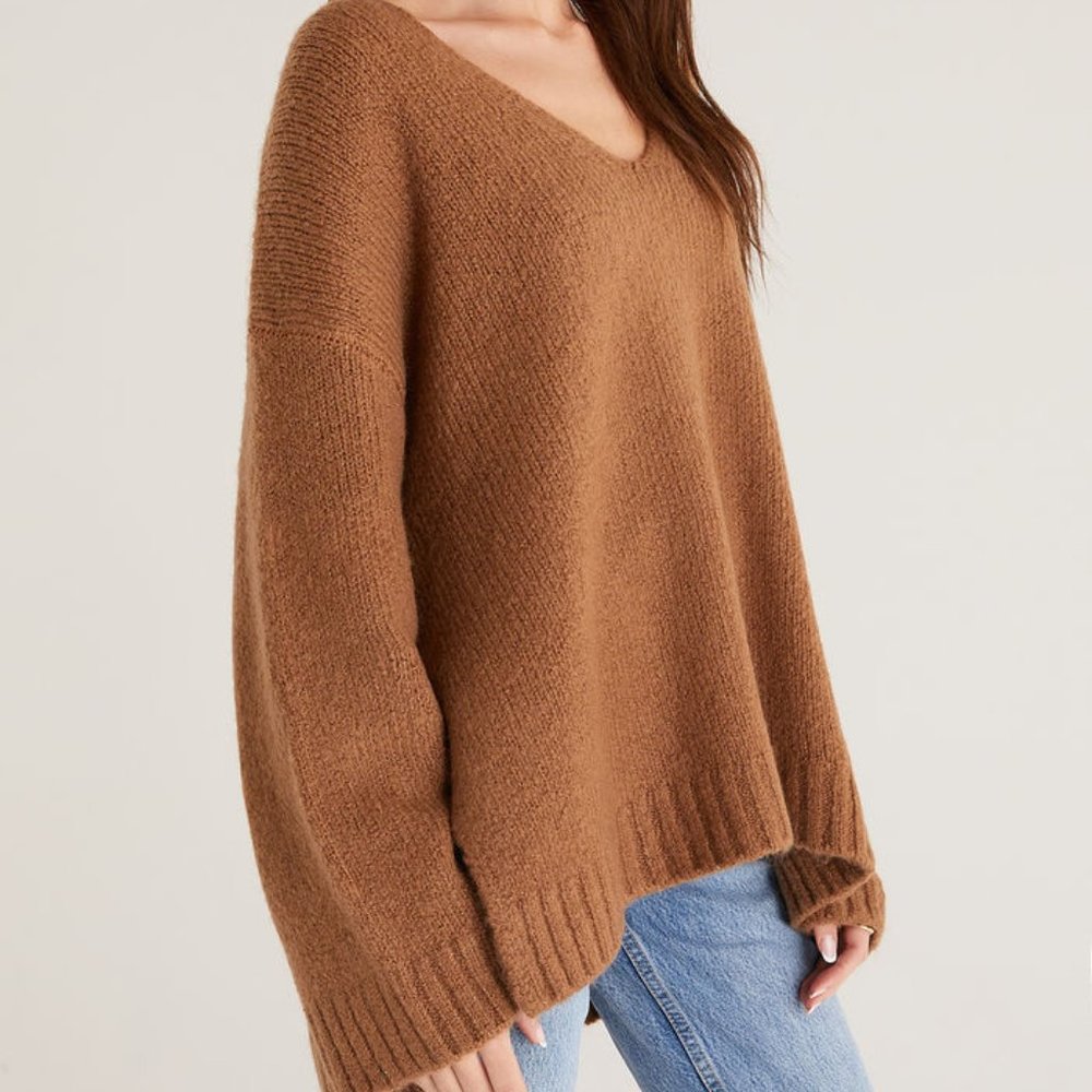 Z Supply Cozy V-Neck Tunic Sweater in Camel Brown